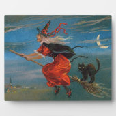Heksenvliegen met zwarte kat op Halloween Night Fotoplaat (Voorkant)