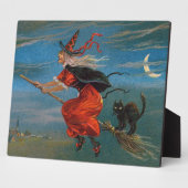 Heksenvliegen met zwarte kat op Halloween Night Fotoplaat (Zijkant)