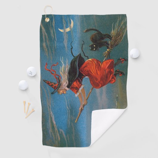 Heksenvliegen met zwarte kat op Halloween Night Golfhanddoek (Insitu)