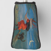Heksenvliegen met zwarte kat op Halloween Night Golfheadcover (Draai 90)