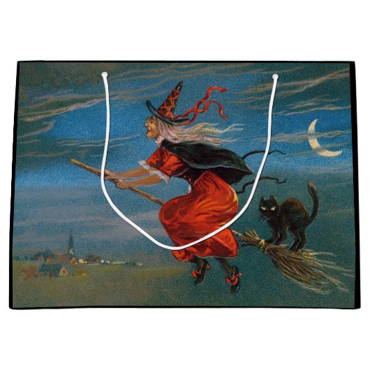 Heksenvliegen met zwarte kat op Halloween Night Groot Cadeauzakje (Voorkant)