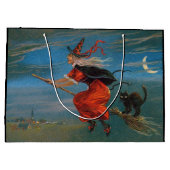 Heksenvliegen met zwarte kat op Halloween Night Groot Cadeauzakje (Achterkant)