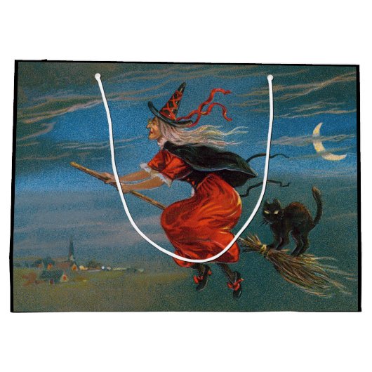 Heksenvliegen met zwarte kat op Halloween Night Groot Cadeauzakje (Achterkant)