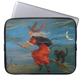 Heksenvliegen met zwarte kat op Halloween Night Laptop Sleeve