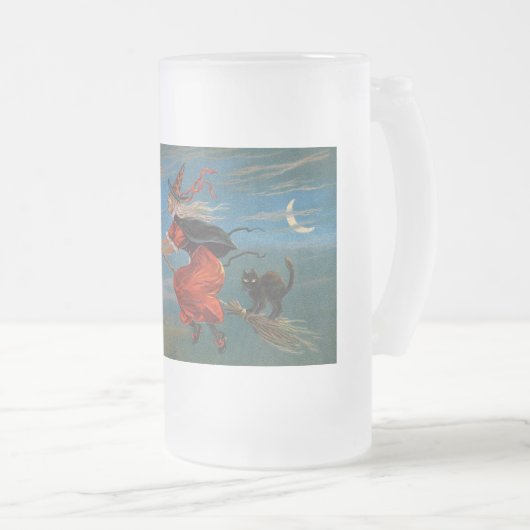 Heksenvliegen met zwarte kat op Halloween Night Matglas Bierpul (Voorkant rechts)