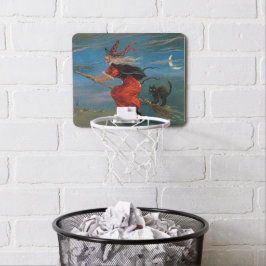Heksenvliegen met zwarte kat op Halloween Night Mini Basketbalbord