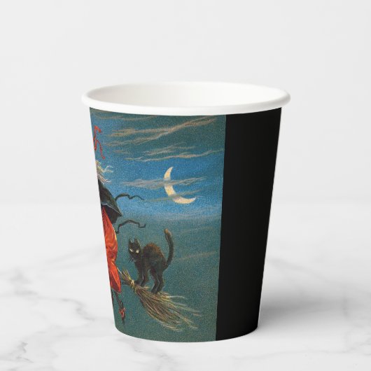 Heksenvliegen met zwarte kat op Halloween Night Papieren Bekers (Achterkant)