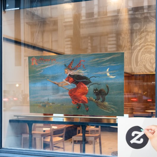 Heksenvliegen met zwarte kat op Halloween Night Raamsticker (Cafe Raam)