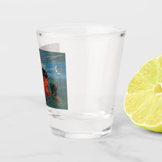 Heksenvliegen met zwarte kat op Halloween Night Shot Glas (Rechts)