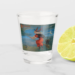 Heksenvliegen met zwarte kat op Halloween Night Shot Glas