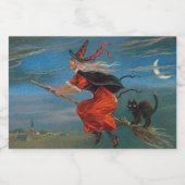 Heksenvliegen met zwarte kat op Halloween Night Sparkling Wijnetiket (Enkel label)