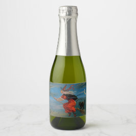 Heksenvliegen met zwarte kat op Halloween Night Sparkling Wijnetiket