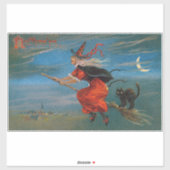 Heksenvliegen met zwarte kat op Halloween Night Sticker (Vel)