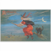 Heksenvliegen met zwarte kat op Halloween Night Sticker (Voorkant)