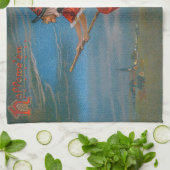 Heksenvliegen met zwarte kat op Halloween Night Theedoek (Gevouwen)