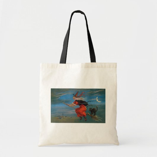 Heksenvliegen met zwarte kat op Halloween Night Tote Bag (Voorkant)