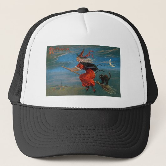 Heksenvliegen met zwarte kat op Halloween Night Trucker Pet (Voorkant)