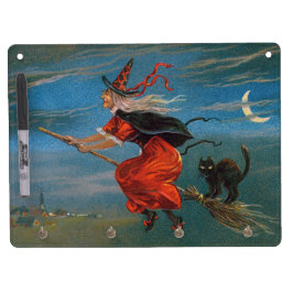 Heksenvliegen met zwarte kat op Halloween Night Whiteboard Met Sleutelhanger