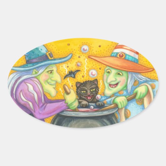 HEKSENZUSSEN EN ZWARTE KAT STICKERS Ovaal Blad (Voorkant)