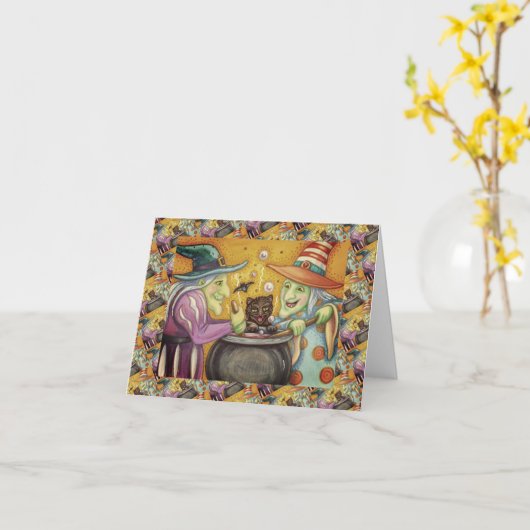 HEKSENZUSTERS, ZWARTE KAT & HALLOWEEN DRANK KAART (Gele Bloem)