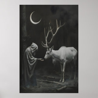 Hekserig hertenkunstprint, donkere halvemaan poster