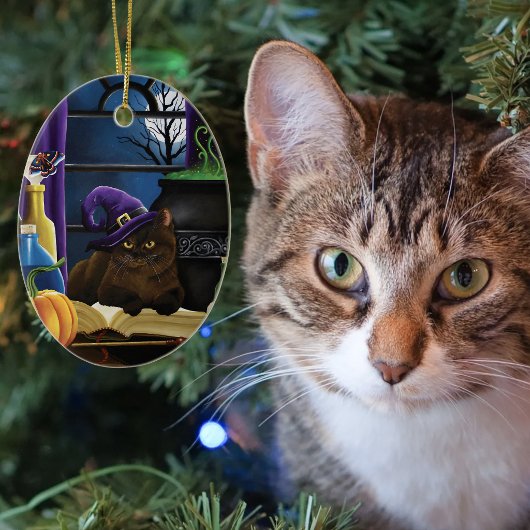 Hekserige Bruine Kat Magische Paarse Volle Maan Br Keramisch Ornament
