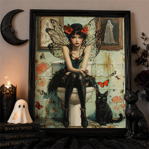 Hekserige Gothische Fee Zwarte Kat Halloween Muur Poster