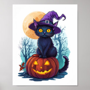 Hekserige Kat op een Pompoen Poster