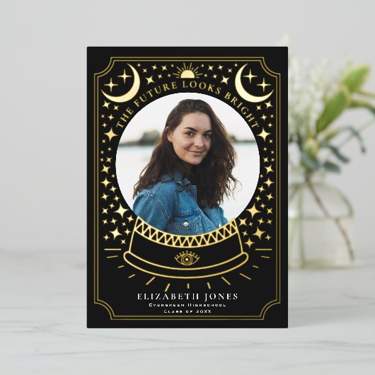 Hekserige Kristallen Bol Afstudeerfoto Aankondigin Folie Uitnodiging (Staand Voorkant)