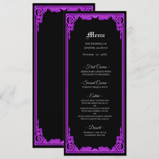 Hekserige paarse Gloed Gothisch Trouwmenu Menu (Voorkant / Achterkant)