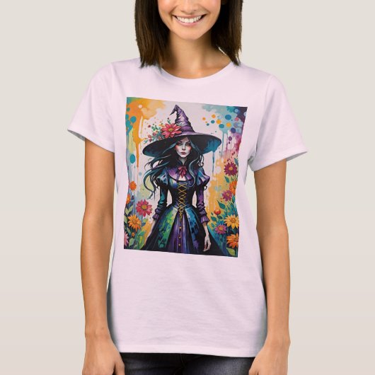 Hekserige Surrealistische Bloemen Halloween Heks T-shirt (Voorkant)