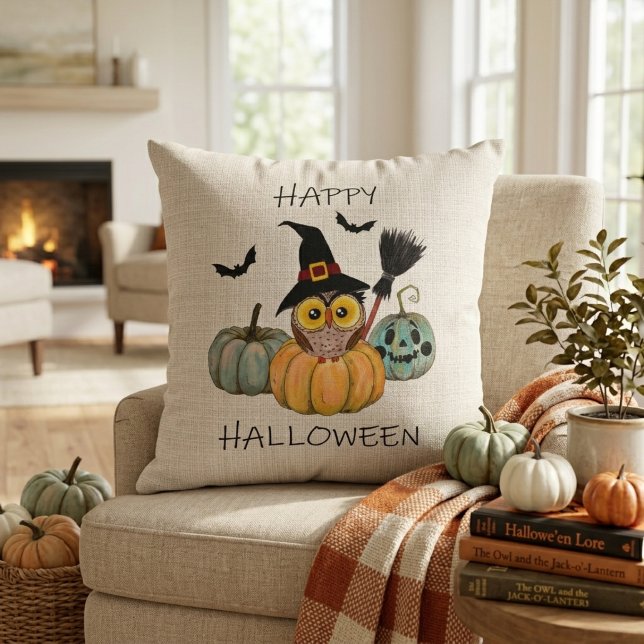 Hekserige Uil Fijne Halloween Kussen (Witchy Owl Happy Halloween Throw Pillow)