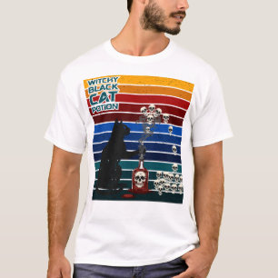 Hekserige Zwarte Kat Gebrouwen Retro Schedel Kunst T-shirt