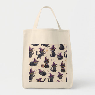 Hekserige Zwarte Katten Paarse Halloween Patroon Tote Bag