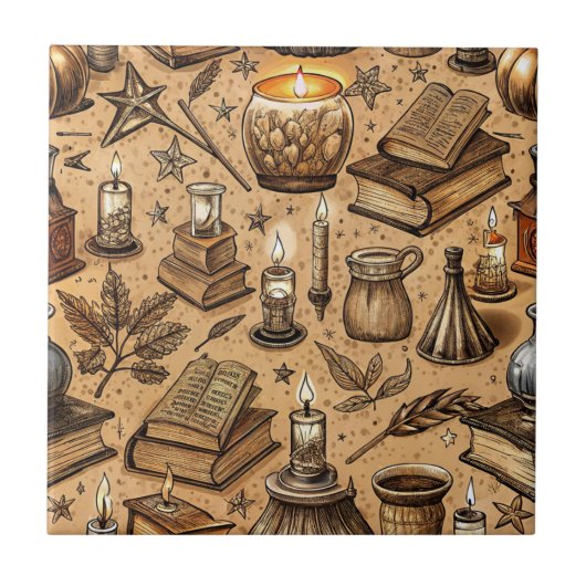 Hekserij Boeken & Kaarsenpatroon (2) Tegeltje (Voorkant)