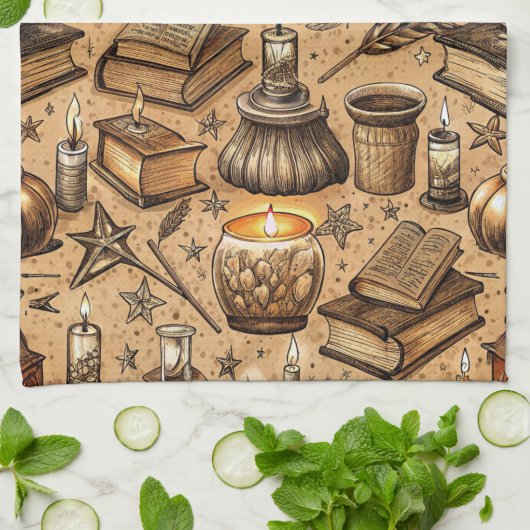  Hekserij Boeken & Kaarsenpatroon (2) Theedoek (Gevouwen)