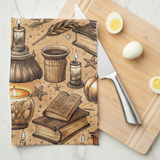  Hekserij Boeken & Kaarsenpatroon (2) Theedoek (Quarter Fold)