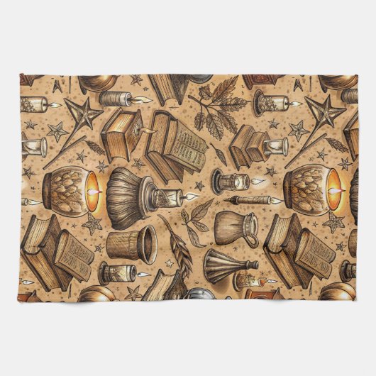  Hekserij Boeken & Kaarsenpatroon (2) Theedoek (Horizontaal)