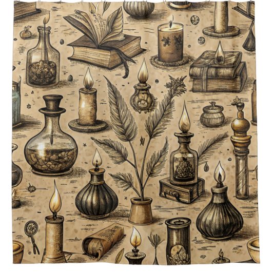 Hekserij Boeken & Kaarsenpatroon Douchegordijn (Voorkant)