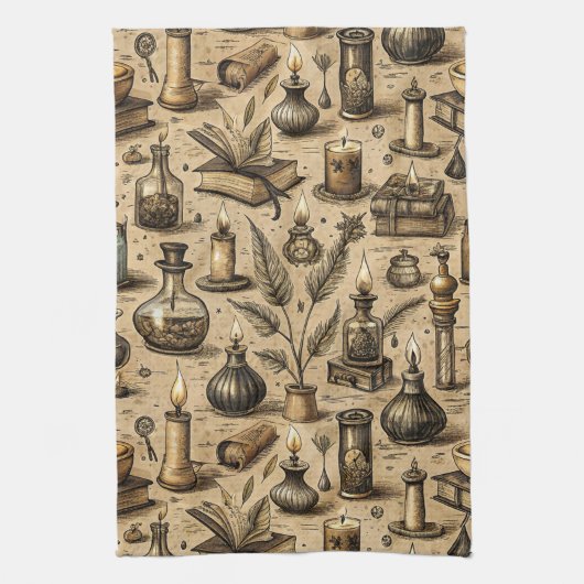 Hekserij Boeken & Kaarsenpatroon Theedoek (Verticaal)