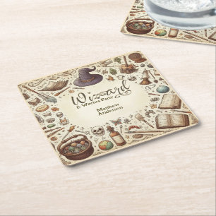 Hekserij-feestje tovenaars hoeden toverstokken vin kartonnen onderzetters