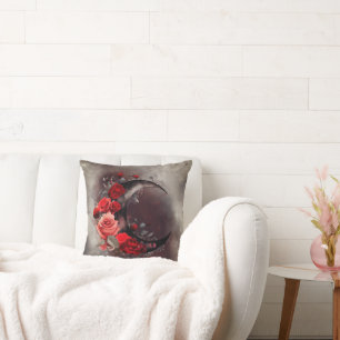 hekserij   Halve maan met gotische rode rozen Kussen