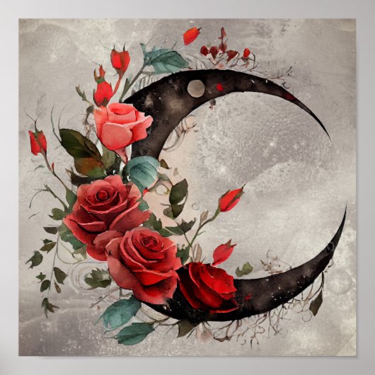 hekserij | Halve maan met gotische rode rozen Poster (Voorkant)