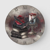 hekserij | Spellbook Tomes en Skull Candle Ronde Klok (Voorkant)