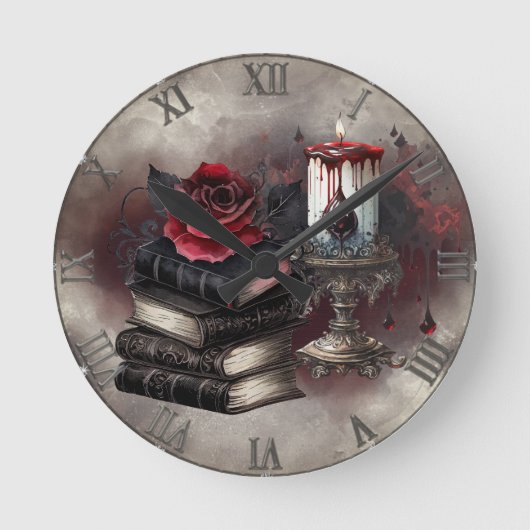 hekserij | Spellbook Tomes en Skull Candle Ronde Klok (Voorkant)