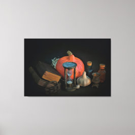 Hekserijobjecten op een tafel in een donkere kamer canvas afdruk