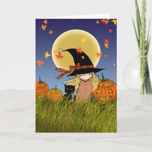Heksje en Zwarte Kat Halloweenkaart Kaart (Voorkant)