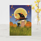 Heksje en Zwarte Kat Halloweenkaart Kaart (Gele Bloem)