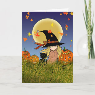 Heksje en Zwarte Kat Halloweenkaart Kaart