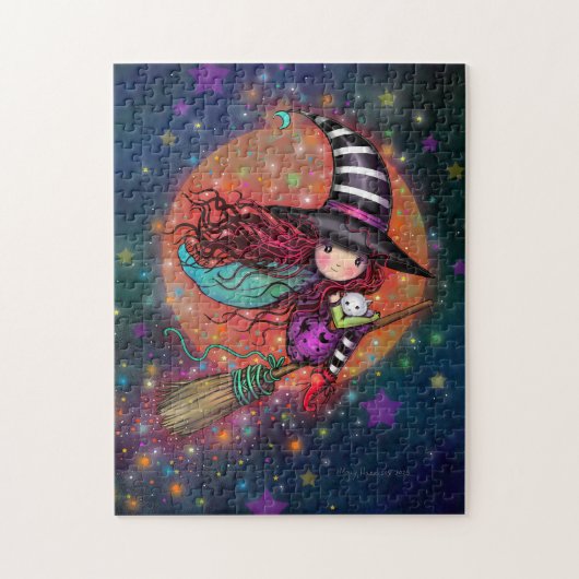 Heksje met kat Halloween-kunst Legpuzzel (Verticaal)